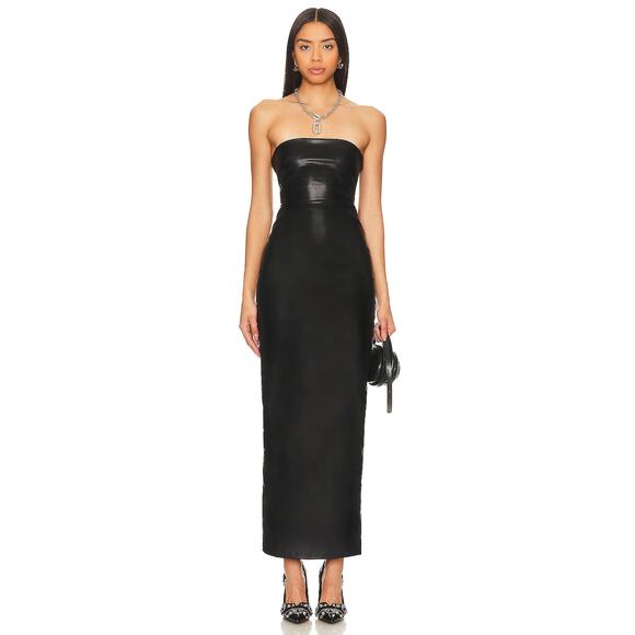 Superdown‎ Alexandra Faux Leather Dress Black Strapless Maxi Minimalist Sz S - Picture 1 of 12